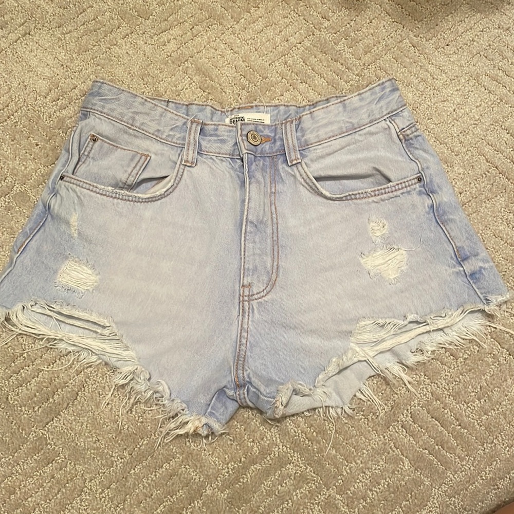 Zara Washed Distressed Denim Shorts